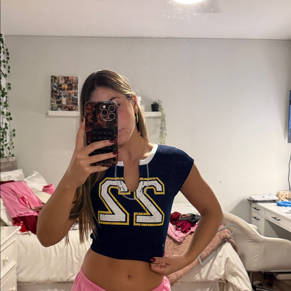 Forever 21 Navy Crop Top with Yellow Graphic